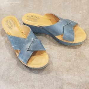 Kork-Ease Leather Cork Platform Wedge Sandals Blue Gold Glitter Distressed 8/39